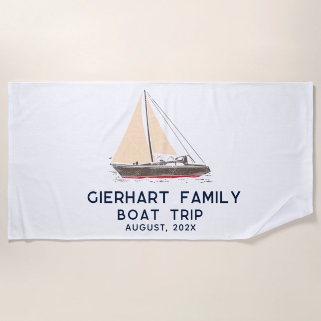 Nautical Family Boat Trip Sailing Custom Beach Towel (Front)