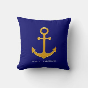Nautical Family Gold Anchor on Navy Blue Cushion