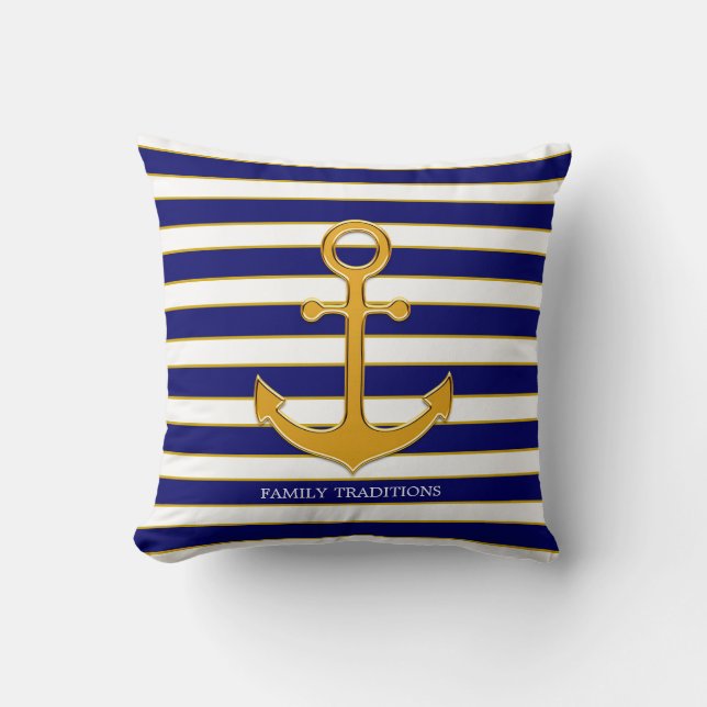 Nautical Family Gold Anchor on Navy Blue & White Cushion (Front)