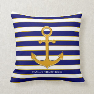 Nautical Family Gold Anchor on Navy Blue & White Cushion
