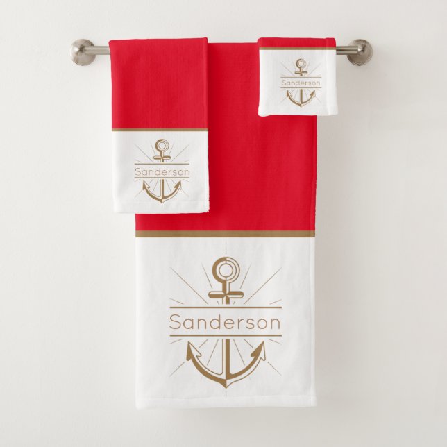 Nautical Family Monogram Red Gold Anchor  Bath Towel Set (Insitu)