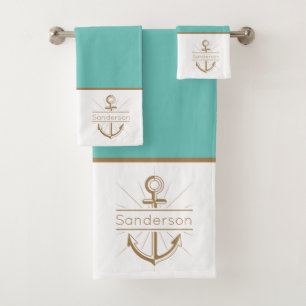 Nautical Family Monogram Teal Blue Gold Anchor  Bath Towel Set