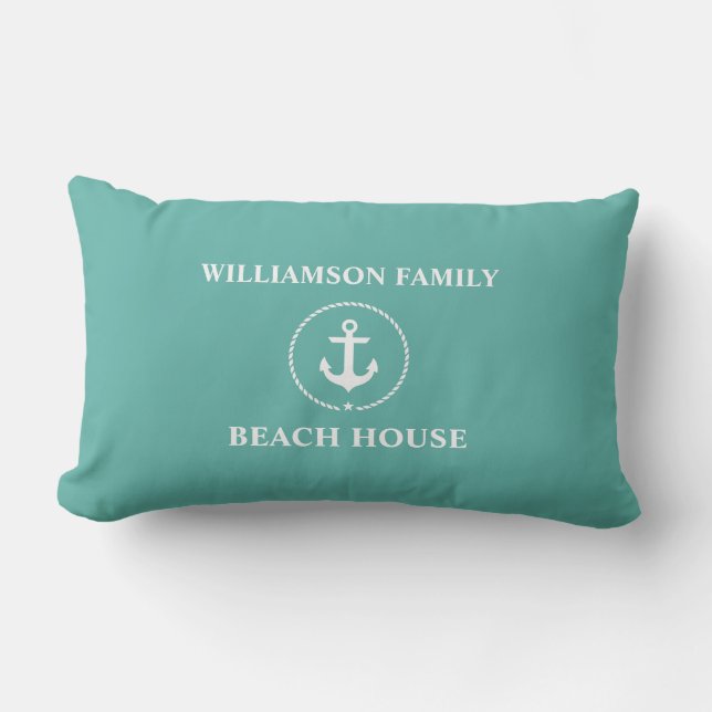Nautical Family Name Beach House Outdoor Lumbar Cushion (Front)