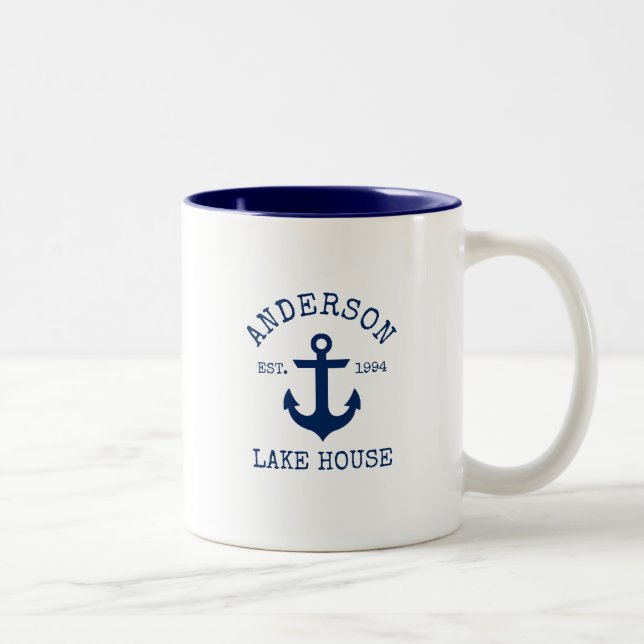 Nautical Family Name Lake House Blue Anchor B Two-Tone Coffee Mug (Right)