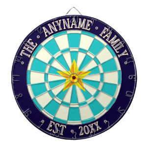 Nautical FAMILY NAME Turquoise, Navy & Yellow Star Dartboard