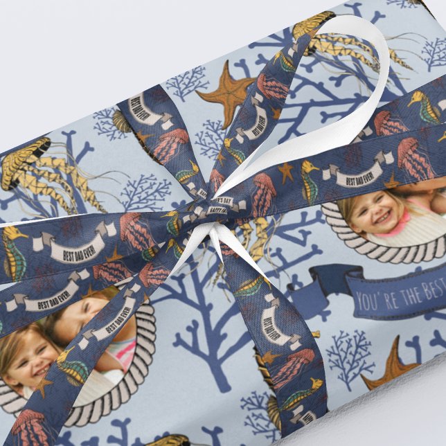 Nautical Fathers Day Best Dad Ever Navy Blue Grosgrain Ribbon (Fun Navy Blue Nautical Ribbon with 2 Personalized Texts. Seahorse, Jellyfish, Starfish & Red Coral.)