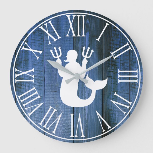 Nautical Faux Blue Wood & Merman Silhouette Large Clock (Front)