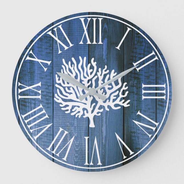 Nautical Faux Blue Wood & Sea Coral Silhouette Large Clock (Front)