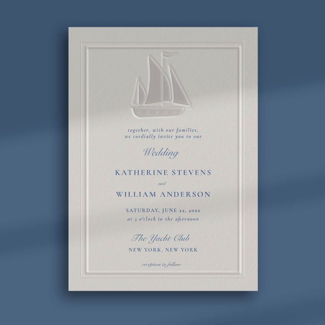 Nautical Faux Embossed Modern Classic Wedding Invitation (nautical beach boat yacht coastal ocean wedding invitation faux embossed pearl frame classic)