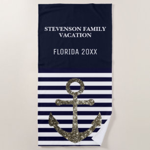 Nautical Faux Glitter Family Vacation Blue Anchor Beach Towel