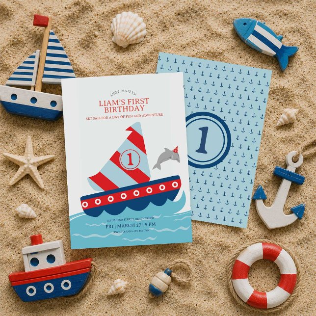 Nautical First Birthday Invitation (Classic nautical style for birthdays, baby showers, and seaside celebrations.)