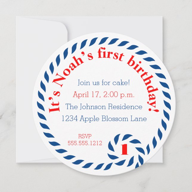 Nautical First Birthday Party Invitation (Front)