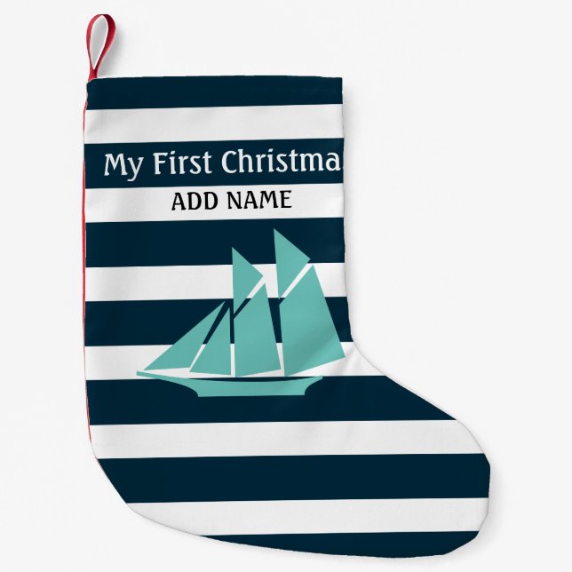 Nautical First Christmas Baby Boy Personalised Small Christmas Stocking (Front)