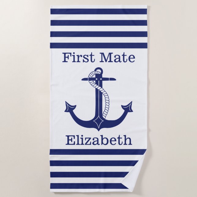 Nautical First Mate Blue Anchor Personalised Beach Towel (Front)