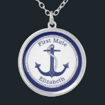 Nautical First Mate Blue Anchor Personalised Silver Plated Necklace<br><div class="desc">This nautical themed necklace features an anchor in the centre with a rope border and a navy blue edge.  The text "First Mate" is above and below is a name for you to personalise.</div>