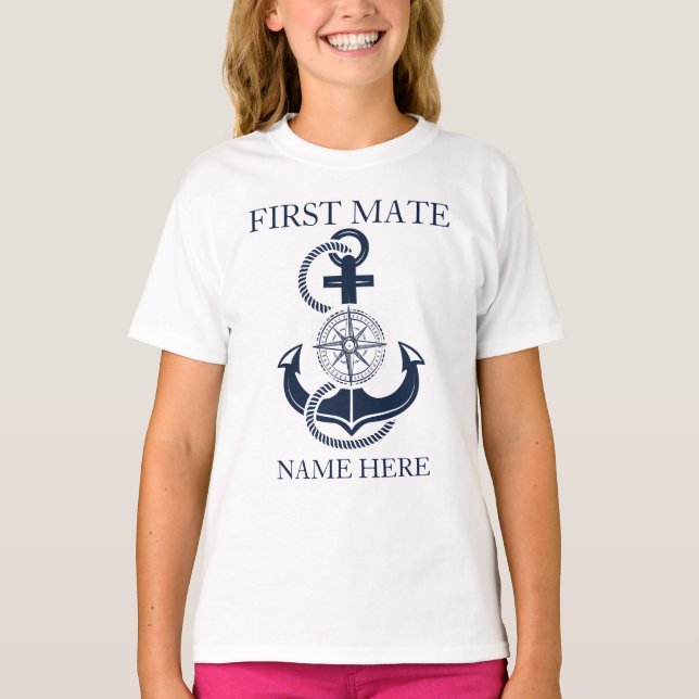 Nautical First Mate Boat Name Blue Anchor T-Shirt (Front)