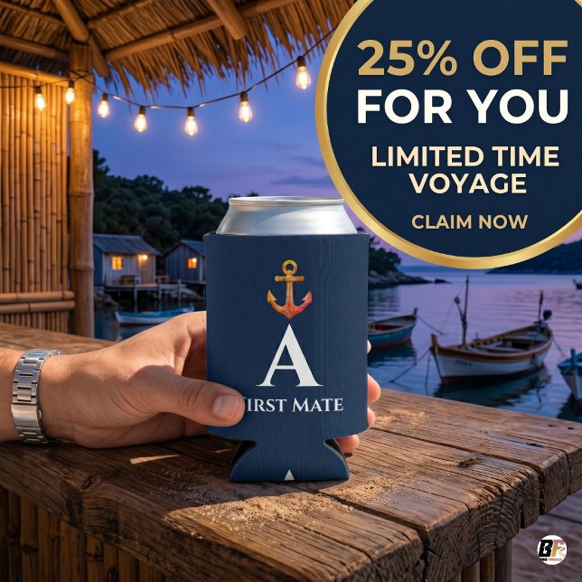 Nautical First Mate Watercolor Anchor Monogram Can Cooler (#vacation)