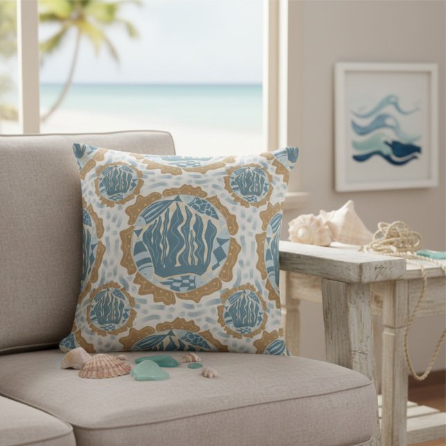 Nautical Fish Geometric Cushion (Goes great both inside and outside. The fish and seaweed point to that beach home feel.)