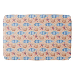 Nautical Fish Starfish Shell Ocean Pattern Bath Mat