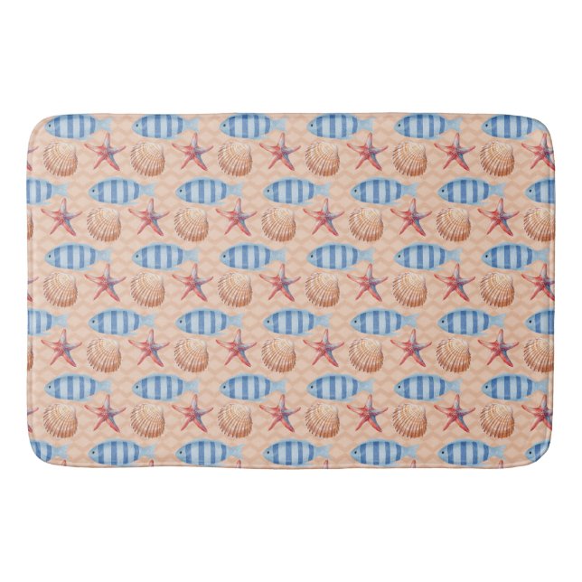Nautical Fish Starfish Shell Ocean Pattern Bath Mat (Front)