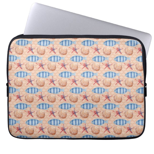 Nautical Fish Starfish Shell Ocean Pattern Laptop Sleeve (Front)