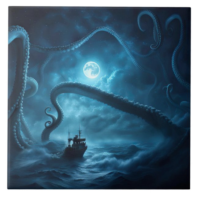 Nautical Fishing Boat Giant Octopus Art Tile (Front)