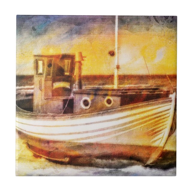 Nautical Fishing Boat on Beach at Sunset Ocean Art Tile (Front)