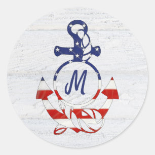 Nautical Flag Anchor on Wood Classic Round Sticker