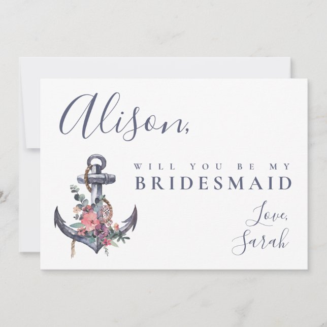 Nautical Floral Anchor Bridesmaid Proposal Card (Front)