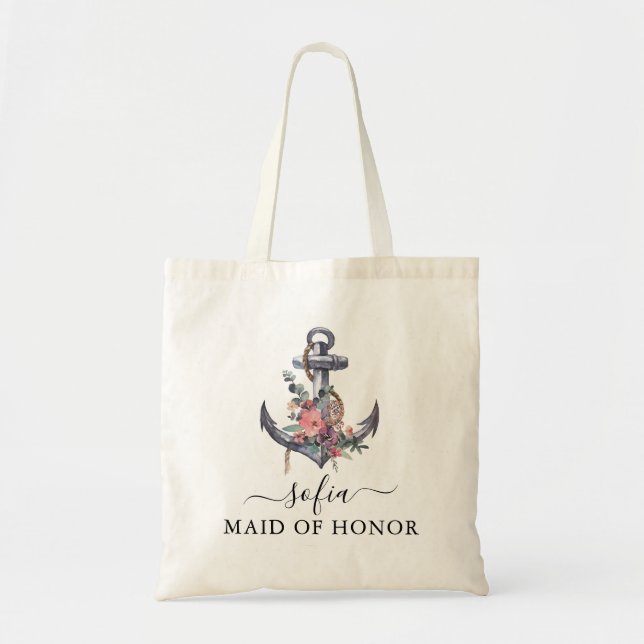 Nautical Floral Anchor Floral Maid of Honour Tote Bag (Front)