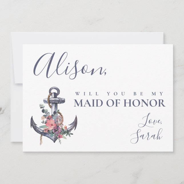 Nautical Floral Anchor Maid of Honour Proposal Car Invitation (Front)
