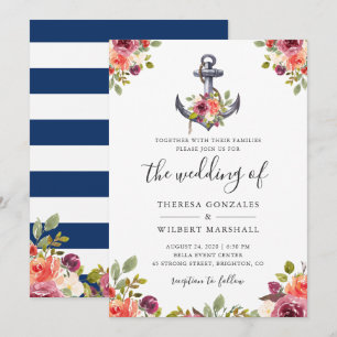Nautical Floral Anchor Navy Blue Stripes Wedding Invitation
