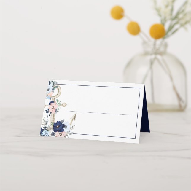 Nautical Floral Anchor Navy Blue Wedding Place Card (Front)