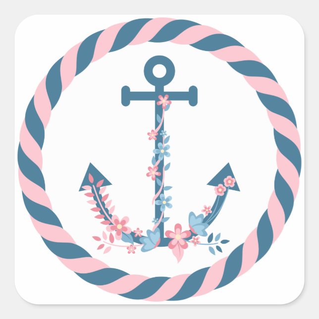 Nautical Floral Anchor Pink & Navy Flowers & Rope Square Sticker (Front)