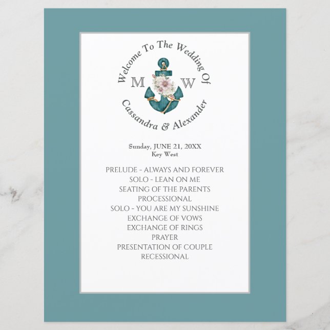 Nautical Floral Anchor Teal Blue Wedding Program  (Front)
