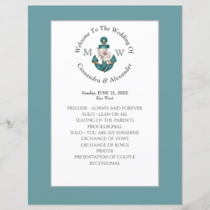 Nautical Floral Anchor Teal Blue Wedding Program 