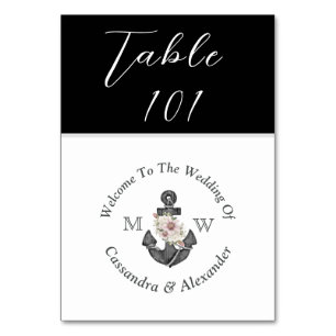 Nautical Floral Anchor Wedding Black and White Table Number
