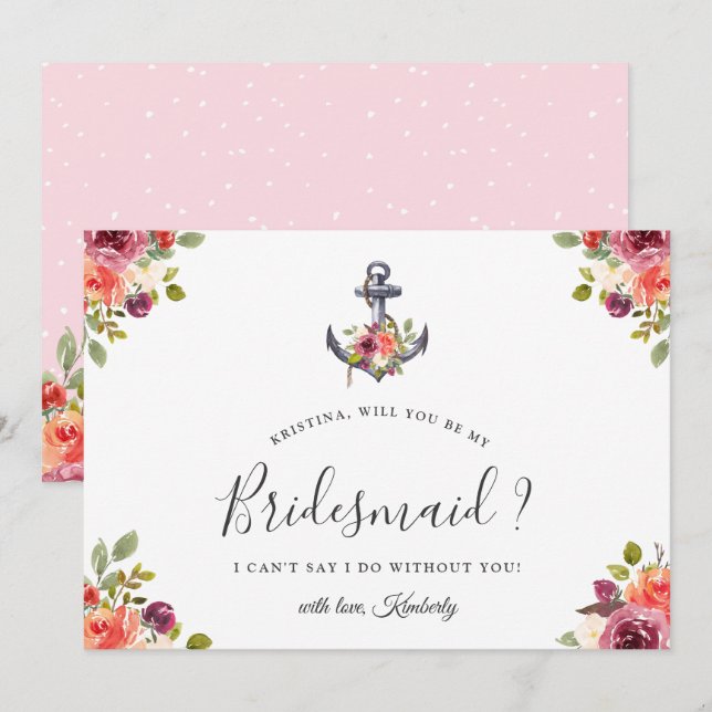 Nautical Floral Anchor Will You Be My Bridesmaid Invitation (Front/Back)