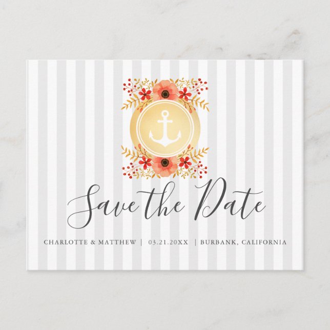 Nautical Floral Gold Anchor Wedding Save The Date Announcement Postcard (Front)