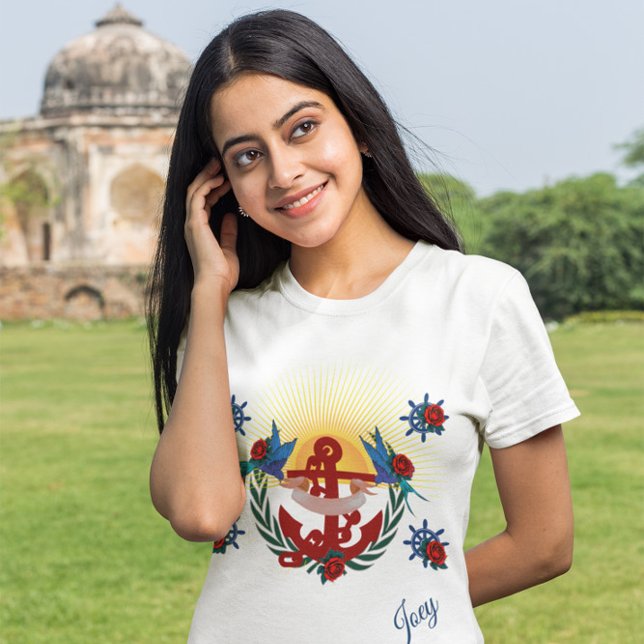 Nautical Floral Red Anchor Blue  T-Shirt (Creator Uploaded)