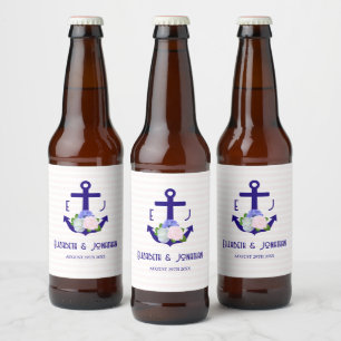 Nautical Floral Stripes Wedding Beer Bottle Label