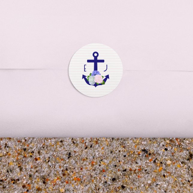 Nautical Floral Stripes Wedding Classic Round Sticker (Creator Uploaded)