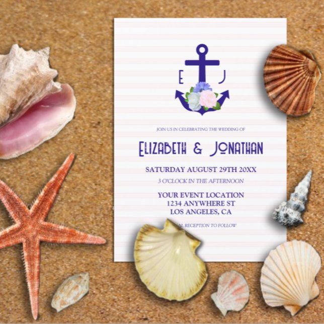 Nautical Floral Stripes Wedding Invitation (Creator Uploaded)