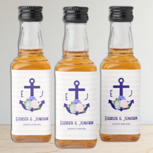 Nautical Floral Stripes Wedding Liquor Bottle Label