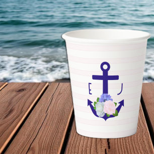 Nautical Floral Stripes Wedding Paper Cups
