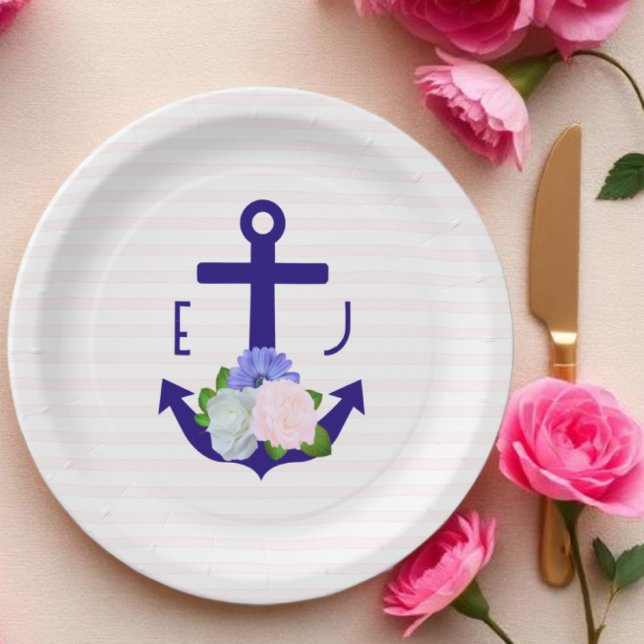 Nautical Floral Stripes Wedding Paper Plate (Creator Uploaded)