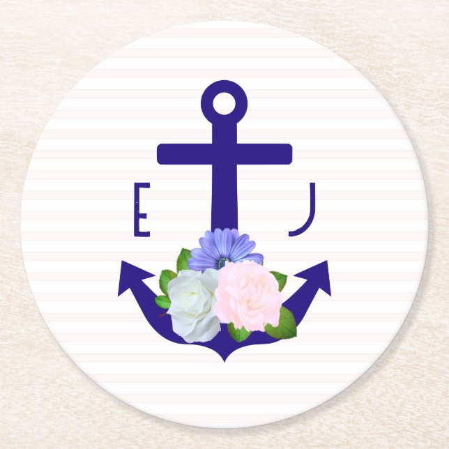 Nautical Floral Stripes Wedding Round Paper Coaster (Front)