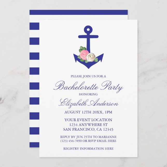 Nautical Floral Summer Bachelorette Party Invitation (Front/Back)
