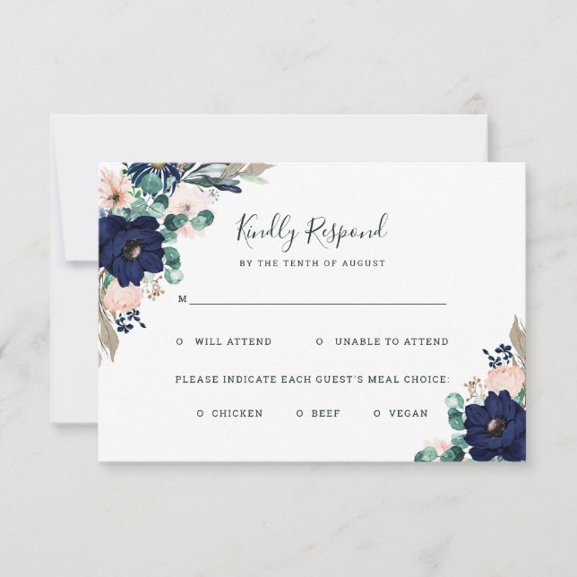 Nautical Flowers Navy and Pink Wedding Meal Choice RSVP Card (Front)