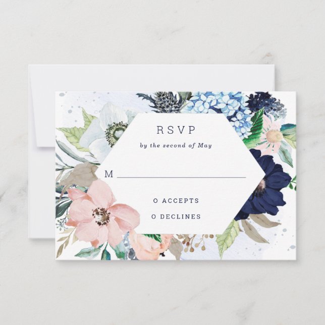 Nautical Flowers Navy Blue and Blush Pink Wedding RSVP Card (Front)